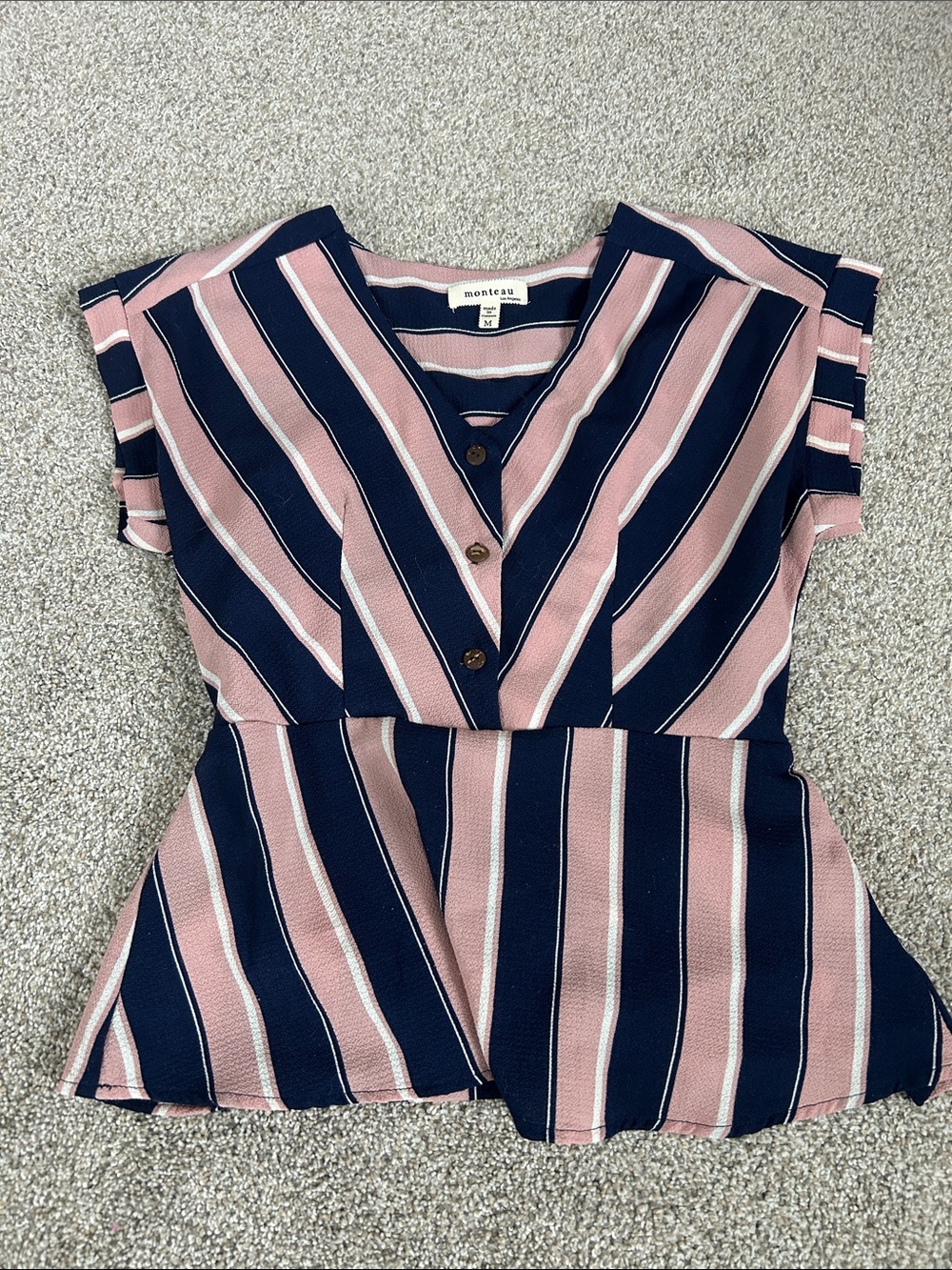 Monteau Navy & Pink Striped Button-Front Peplum Top